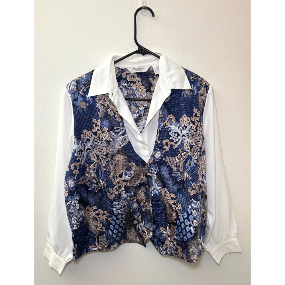 Tan Jay Petites Button Blouse Faux Vest Floral Shoulder Pads Size Medium